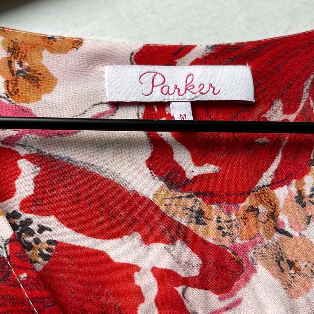 Parker Silk Dress Floral Long Sleeve Mini Size Medium Red Flowy Spring Summer - Picture 12 of 12